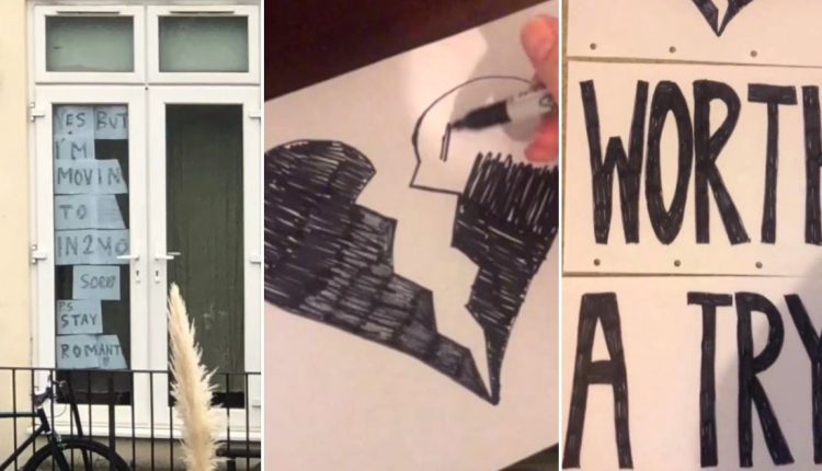 Woman tries to chat up her neighbour by posting hand-drawn signs in her window