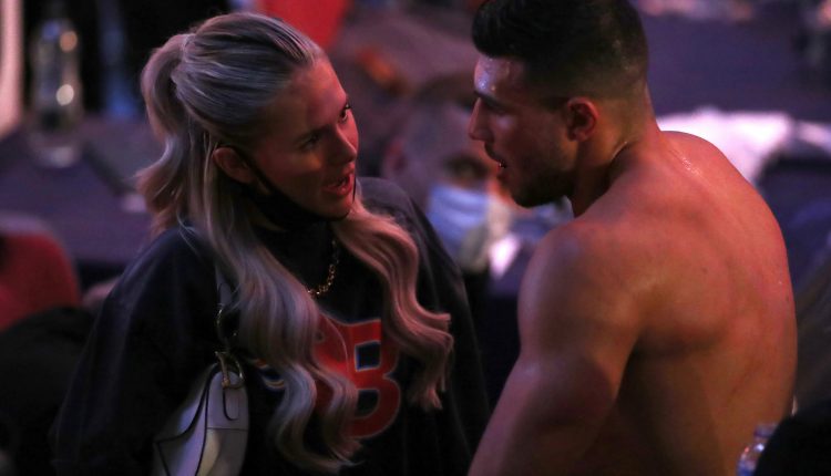 Molly-Mae Hague gives boyfriend Tommy Fury ringside pep talk as she supports him at boxing match